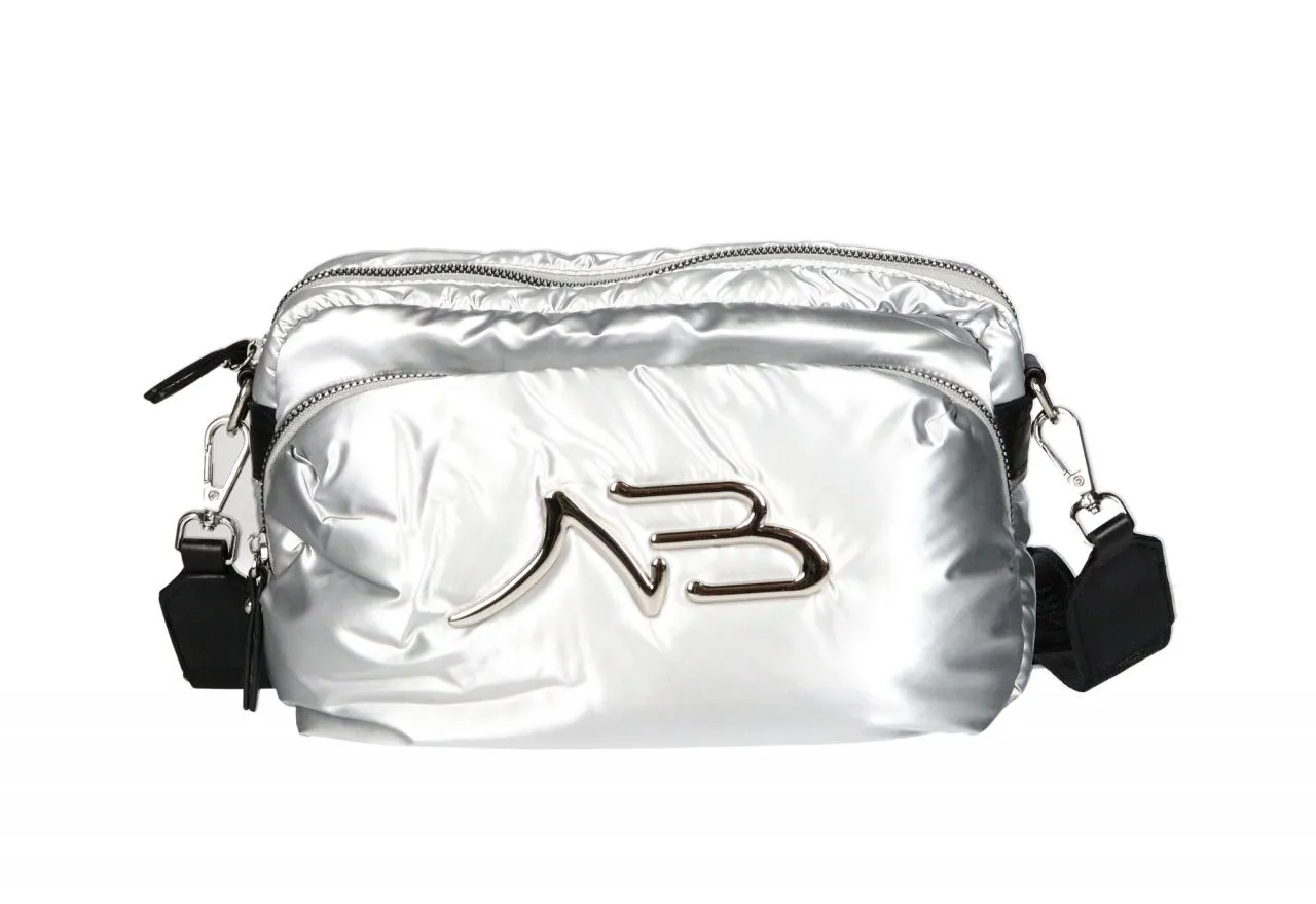 Bandolera Nilon Plata Enguatada Asa Cinta Negra Logo Metal