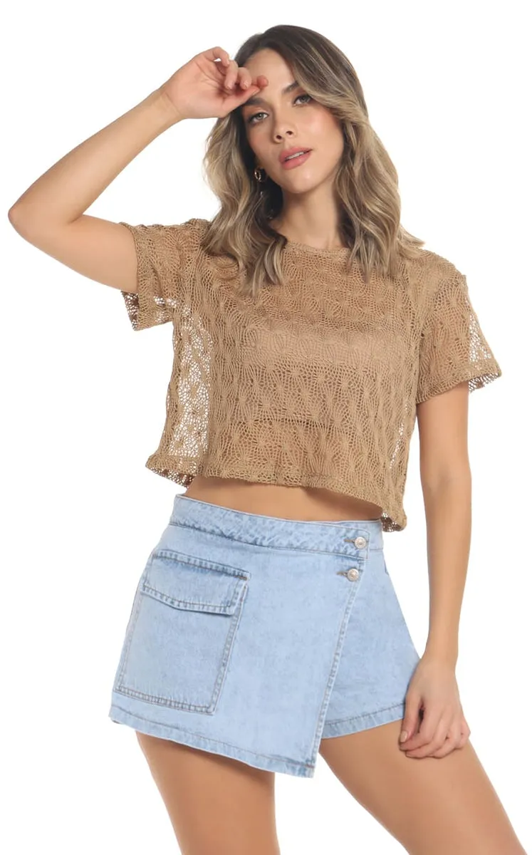 Blusa Camel Crop Tejida