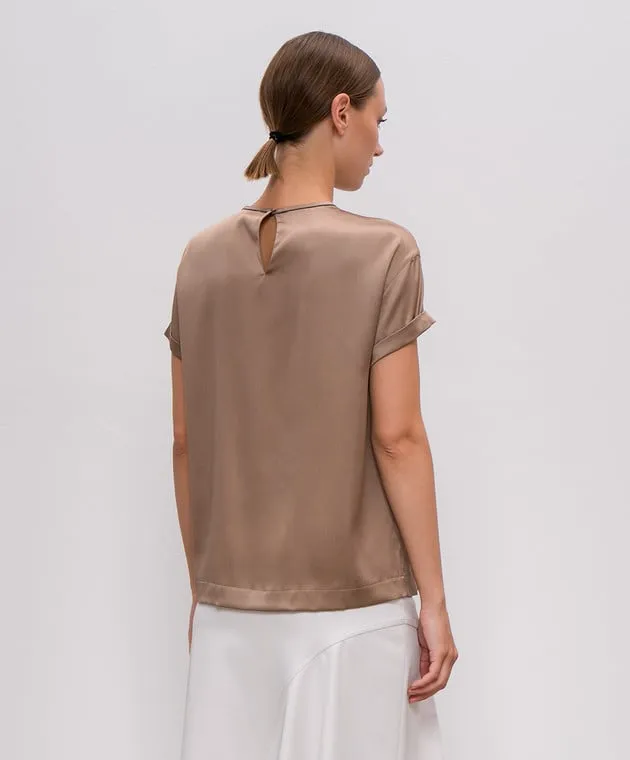 Brunello Cucinelli Brown silk top with monil chain