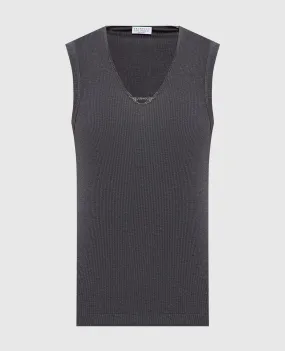Brunello Cucinelli Gray ribbed top with monil chain