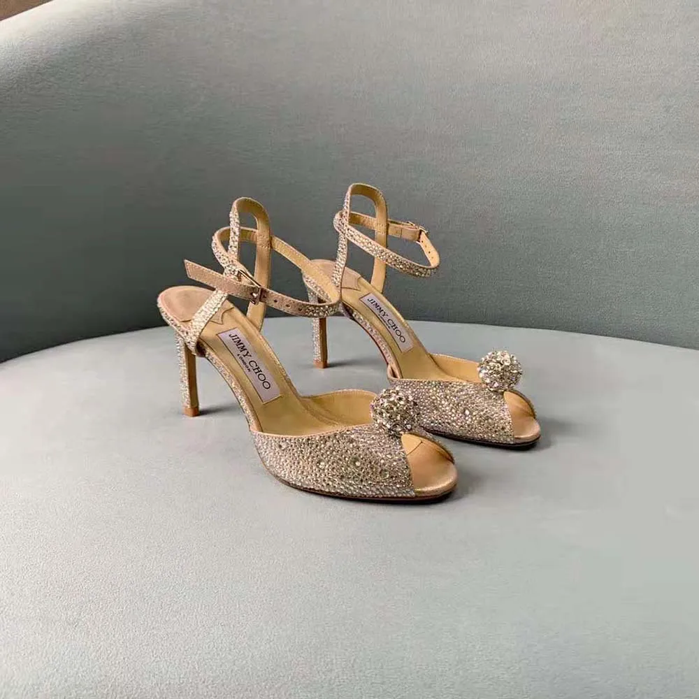 Jimmy Choo Sandalias Sacora 100 de ante nude con cristales Hotfix y detalle de esferas