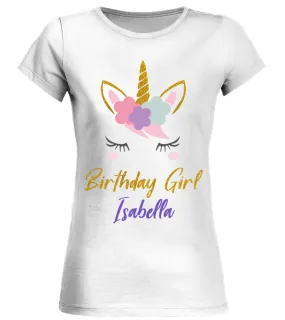 Personalized Unicorn Birthday Girl Shirt Camiseta cuello redondo Mujer