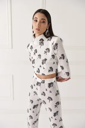 Top lentejuela blanca y negra manga y cuello subido Jackie